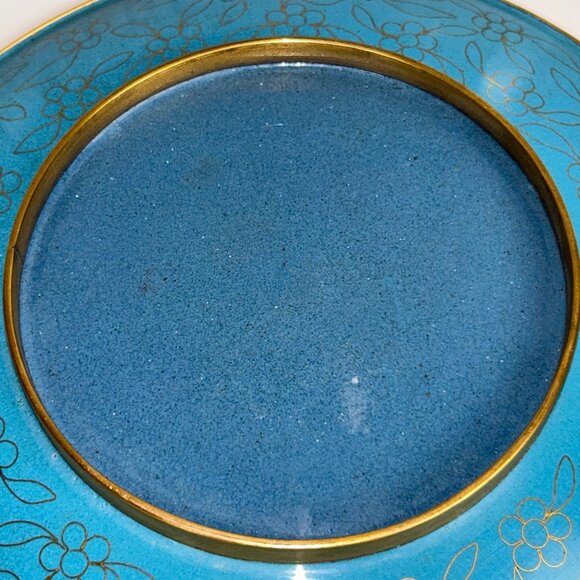 10" Chinese Cloisonne Enamel Brass Plate Holiday Colors Autumn Gold Green Footed - Picture 5 of 10